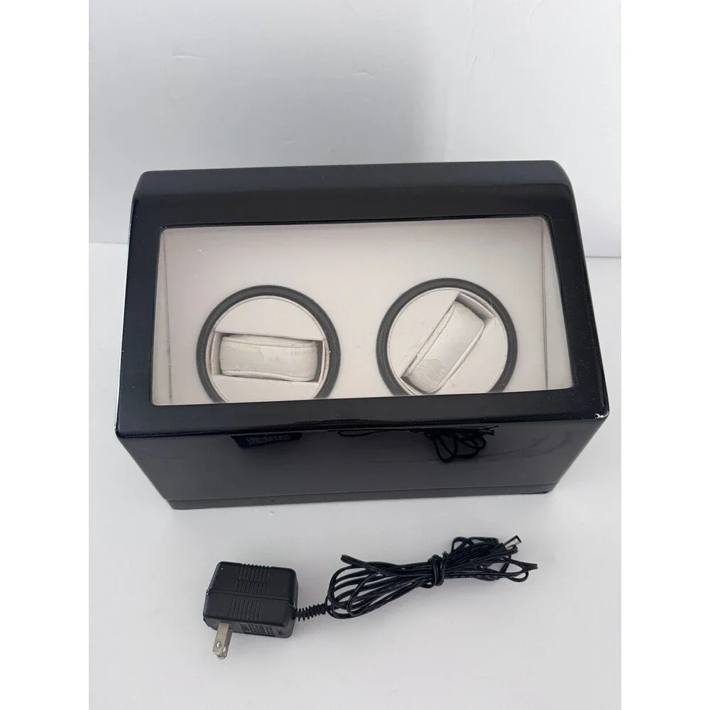 Double Automatic 2 Watch Winder Rotating Display Box Black Case & Cord WORKS